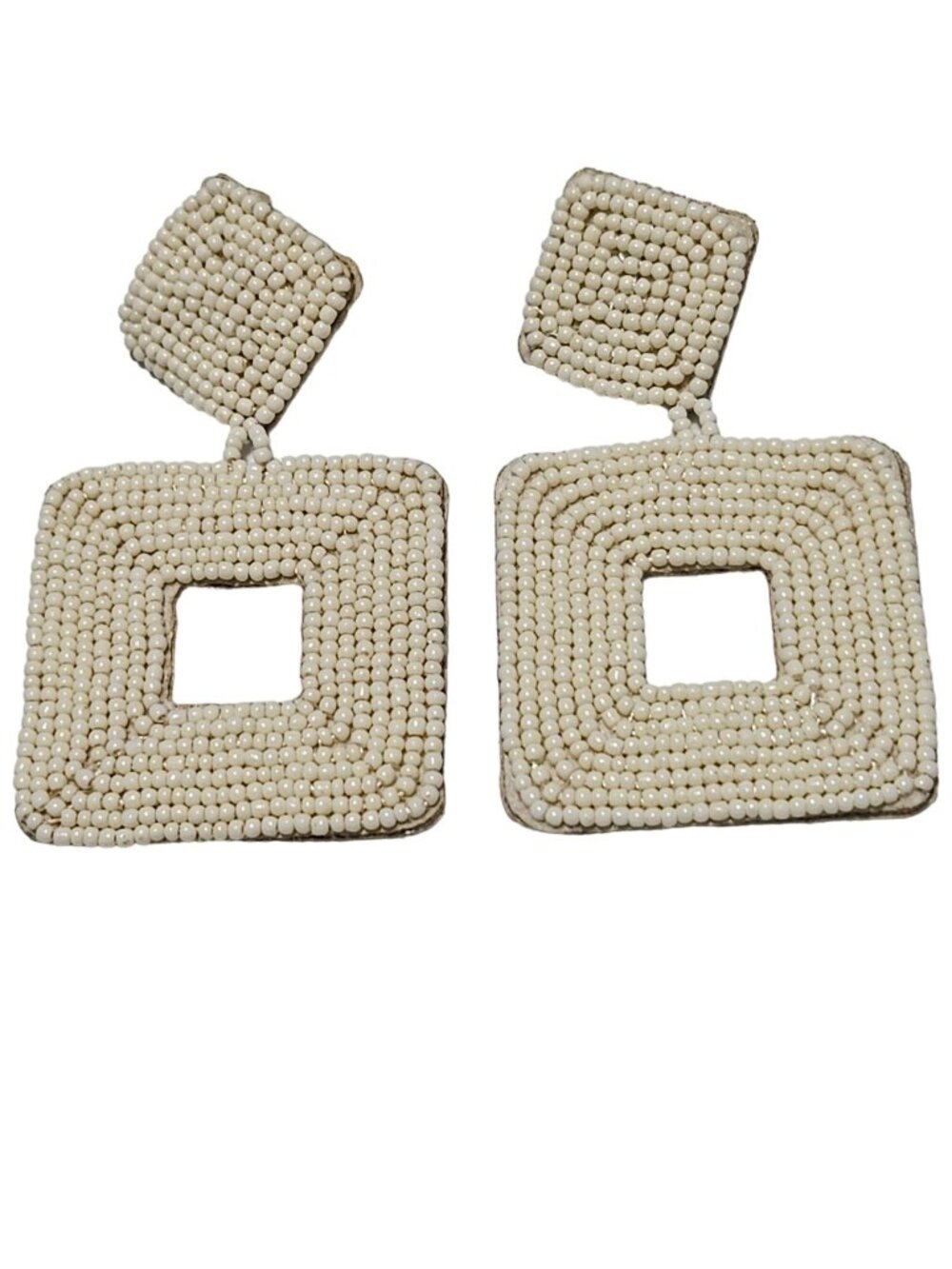 Handmade Earrings Cream Seed Beaded Felt Square Dangle Statement Jewelry Women